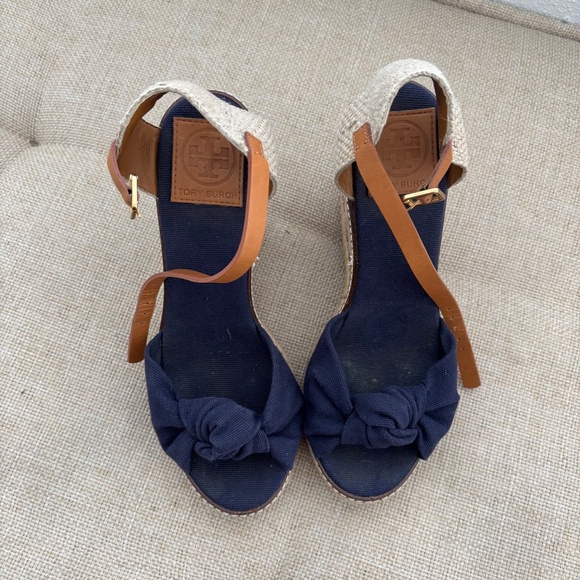 Tory Burch Macy Linen Twist Knit Ankle Strap Braided Espadrille Wedges Heels - Picture 3 of 7